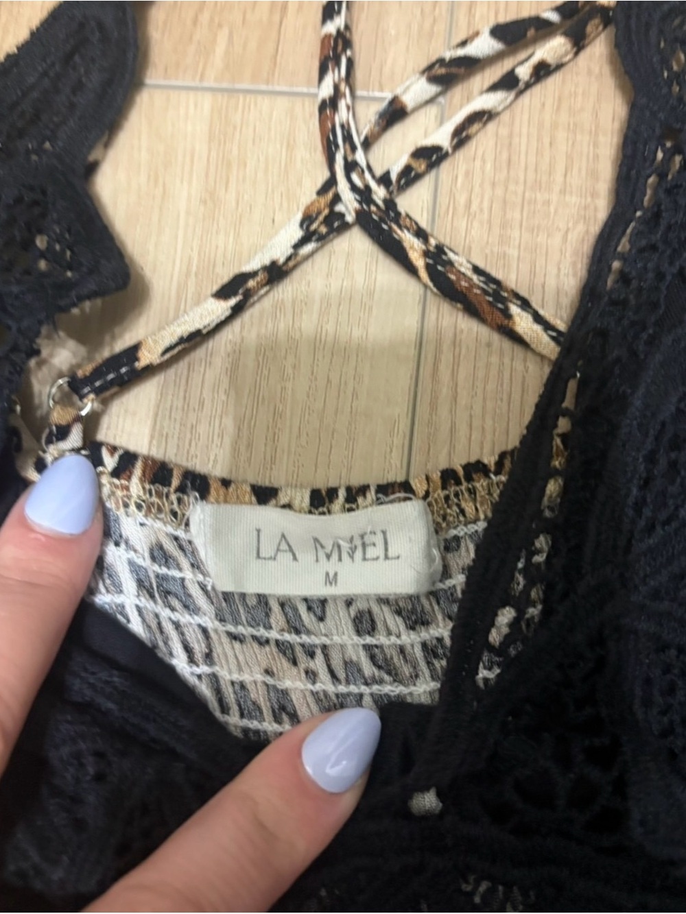 LA MIEL Black Lace Top with Leopard-Print Straps - Picture 3 of 4